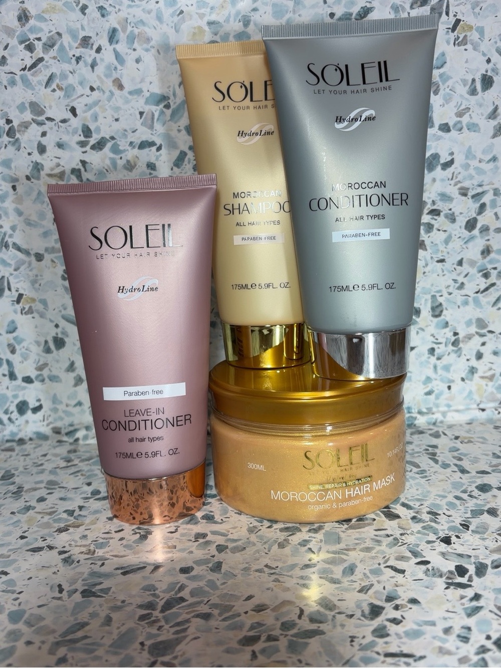 Soleil HydroLine Moroccan Hair Care Set Shampoo Conditioner Mask Leave-In